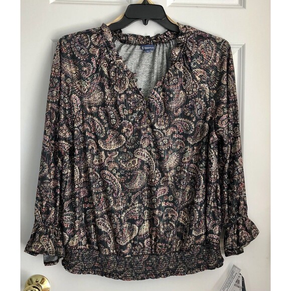 DEMOCRACY WOMEN'S TOPS PLUS SIZE 1X PULLOVER PAISLEY LONG FLOUNCE SLEEVE - Picture 2 of 10